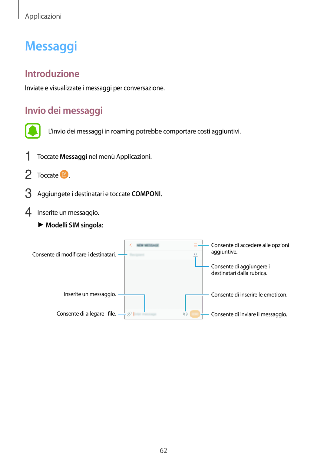 Samsung SM-J330FZDDITV, SM-J330FZKDITV, SM-J330FZSNITV, SM-J330FZSDITV, SM-J330FZKNITV manual Messaggi, Invio dei messaggi 