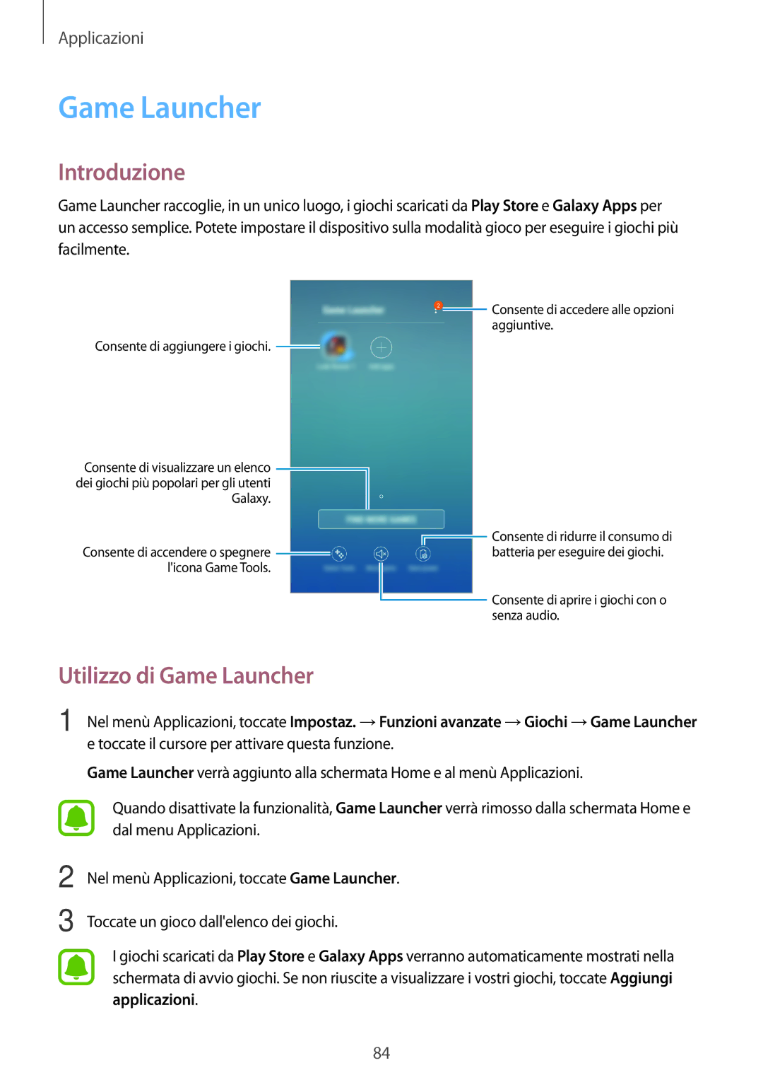 Samsung SM-J330FZKDITV, SM-J330FZSNITV, SM-J330FZDDITV, SM-J330FZSDITV, SM-J330FZKNITV manual Utilizzo di Game Launcher 