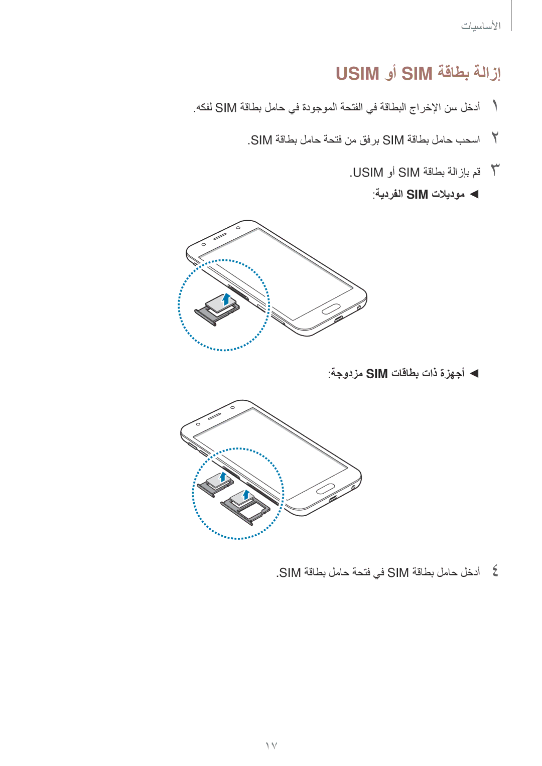 Samsung SM-J330FZDDKSA, SM-J330FZKDKSA Usim وأ SIM ةقاطب ةلازإب مق3, ةيدرفلا Sim تلايدوم ةجودزم Sim تاقاطب تاذ ةزهجأ 