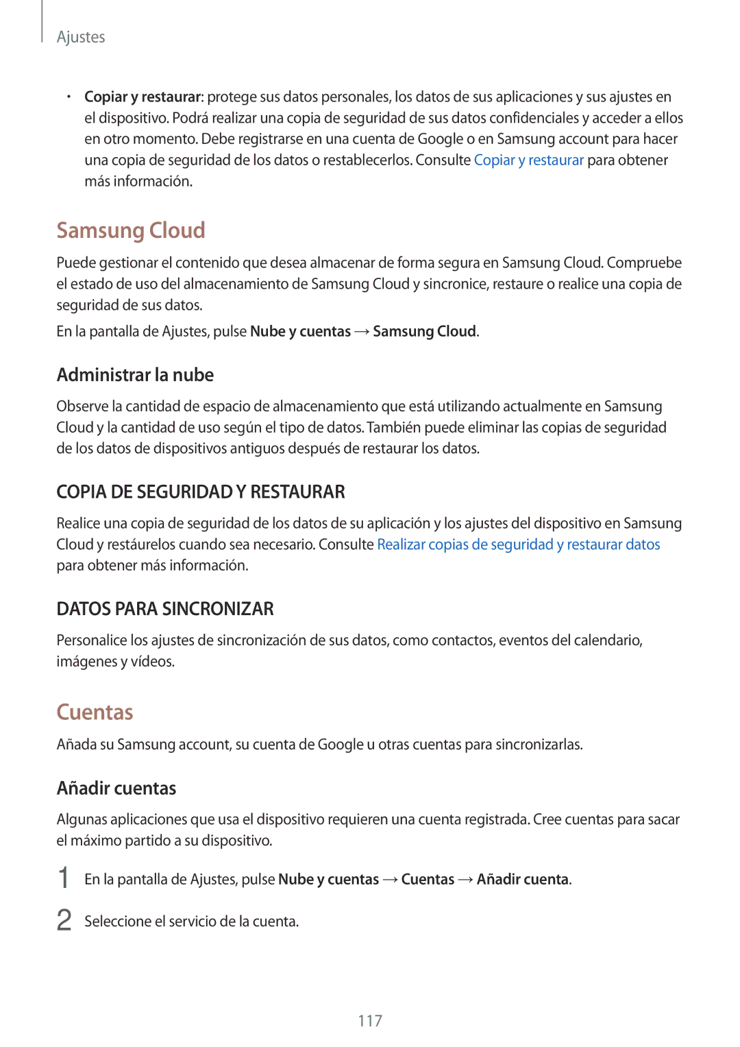 Samsung SM-J330FZSDPHE, SM-J330FZKDPHE, SM-J330FZKNATL manual Samsung Cloud, Cuentas, Administrar la nube, Añadir cuentas 