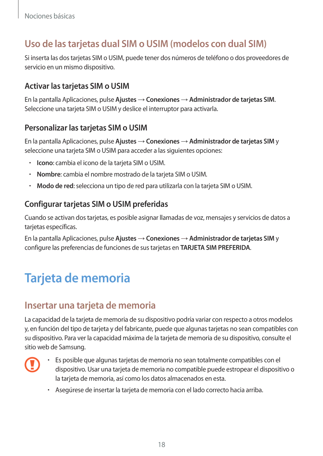 Samsung SM-J330FZKNATL, SM-J330FZKDPHE manual Tarjeta de memoria, Uso de las tarjetas dual SIM o Usim modelos con dual SIM 