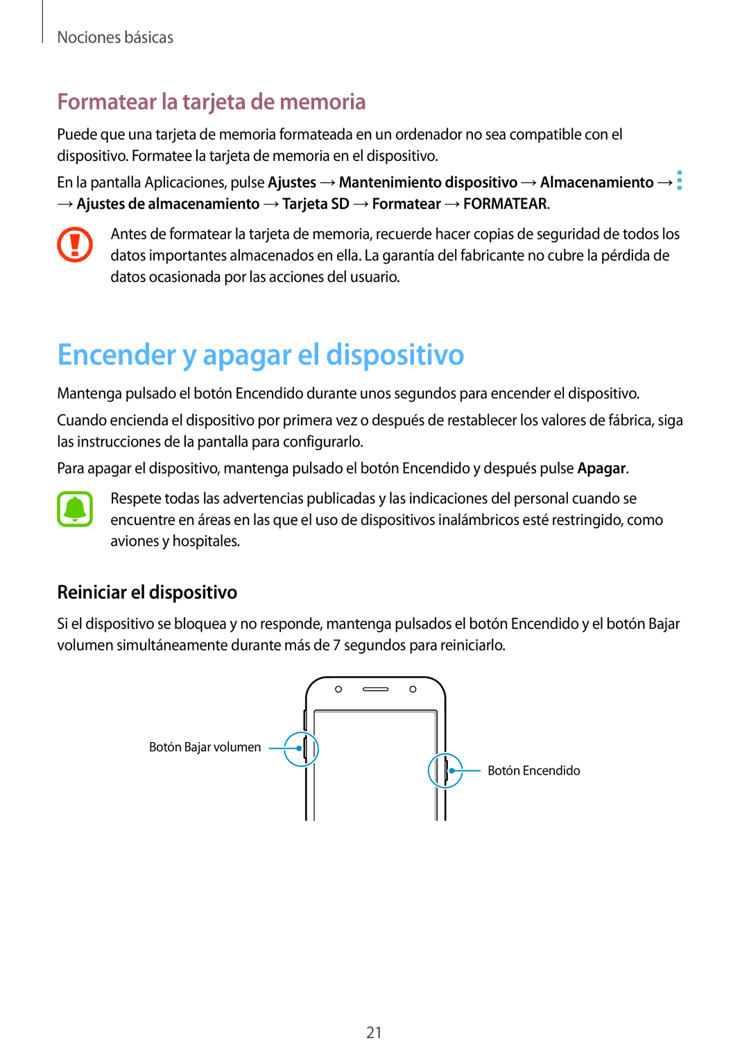 Samsung SM-J330FZSDPHE manual Encender y apagar el dispositivo, Formatear la tarjeta de memoria, Reiniciar el dispositivo 