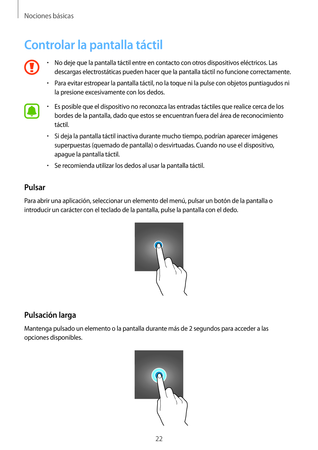 Samsung SM-J330FZKNATL, SM-J330FZKDPHE, SM-J330FZSDPHE, SM-J330FZDDPHE Controlar la pantalla táctil, Pulsar, Pulsación larga 