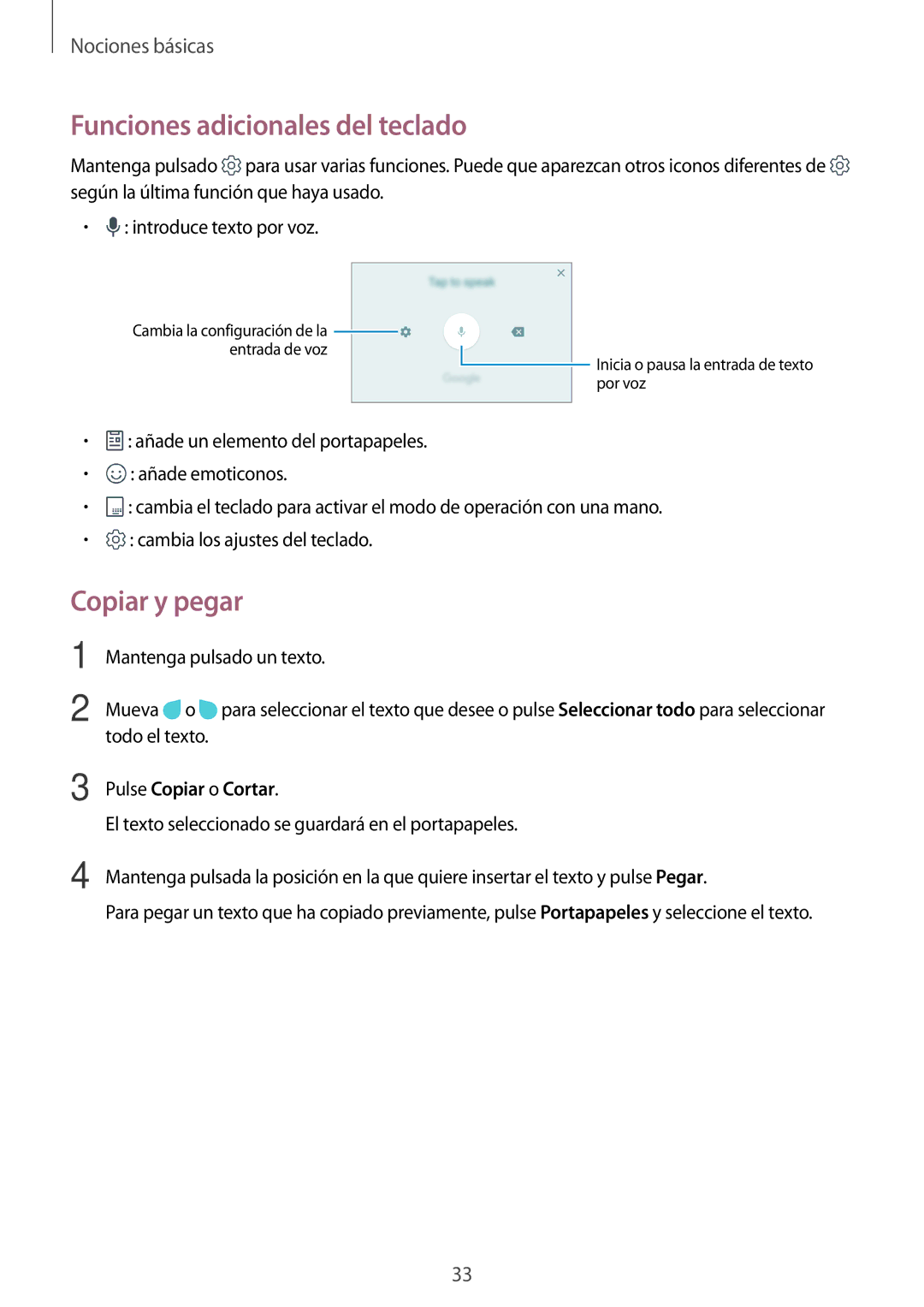 Samsung SM-J330FZSDPHE, SM-J330FZKDPHE manual Funciones adicionales del teclado, Copiar y pegar, Pulse Copiar o Cortar 