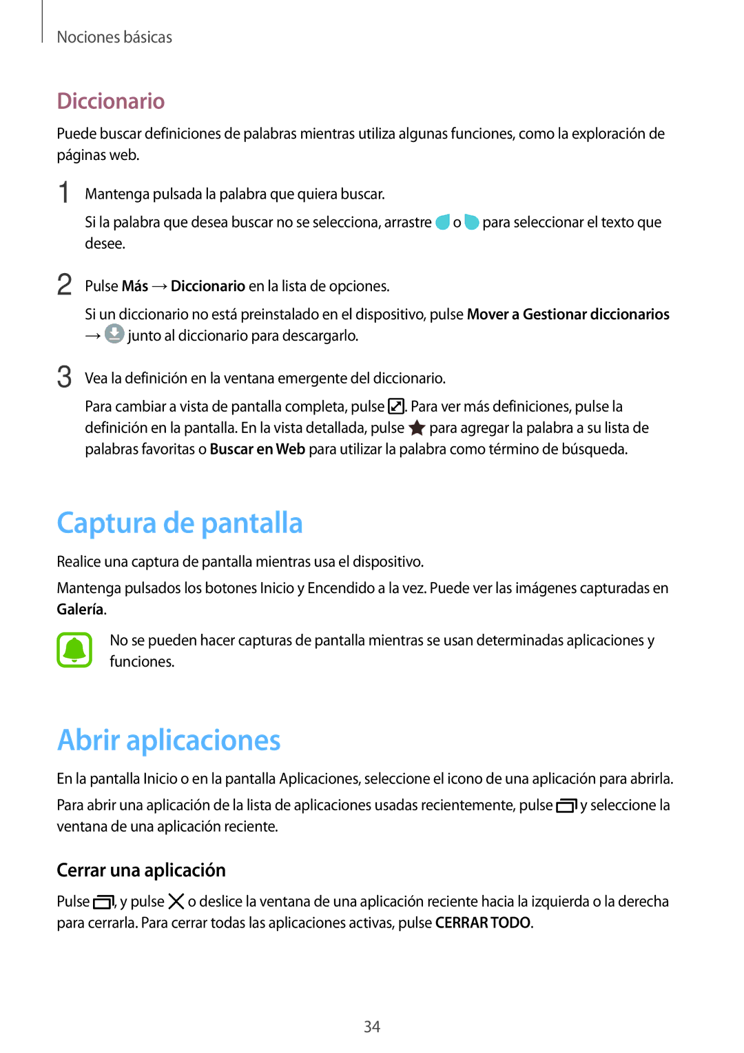 Samsung SM-J330FZKNATL, SM-J330FZKDPHE manual Captura de pantalla, Abrir aplicaciones, Diccionario, Cerrar una aplicación 