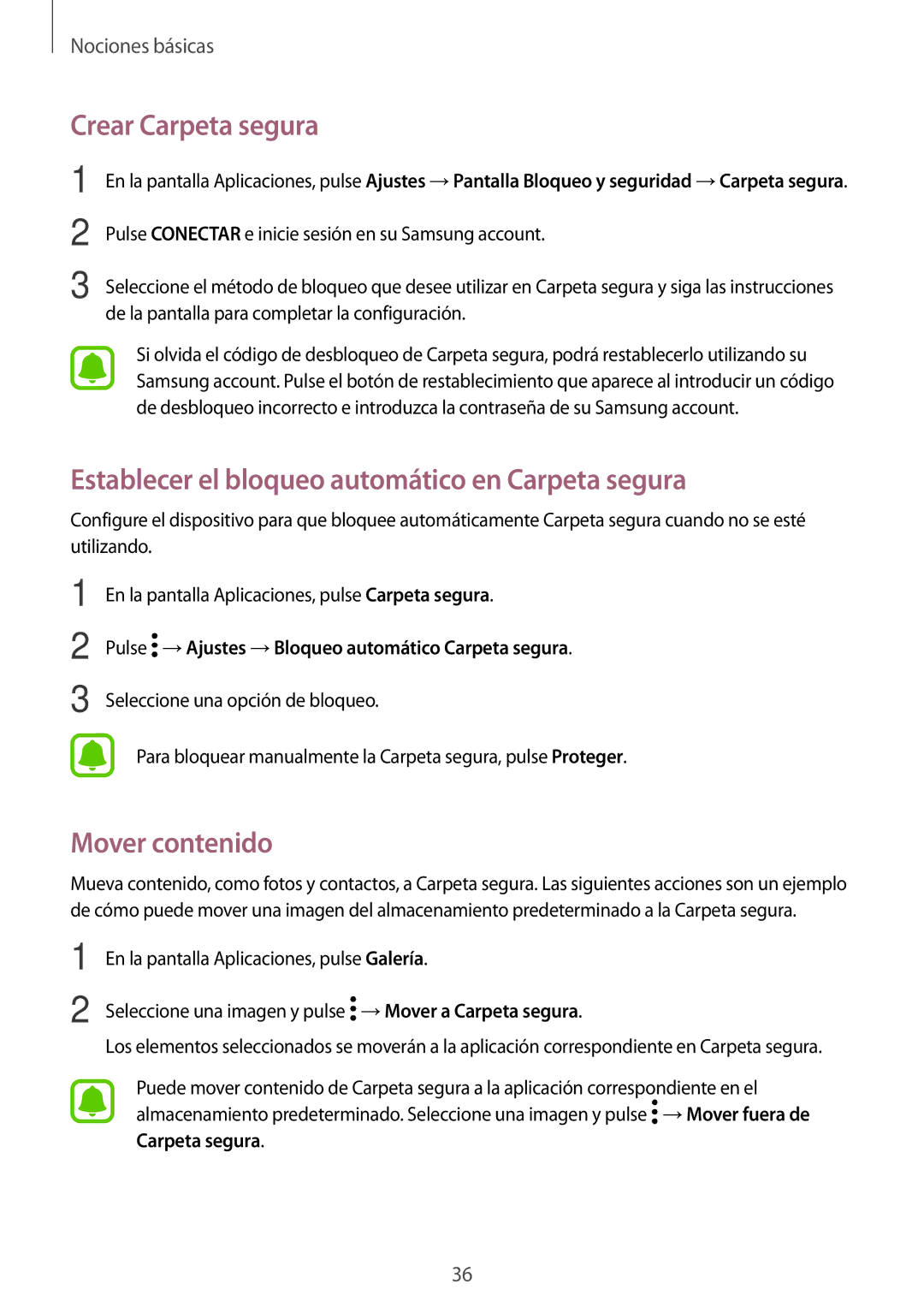 Samsung SM-J330FZKDPHE manual Crear Carpeta segura, Establecer el bloqueo automático en Carpeta segura, Mover contenido 