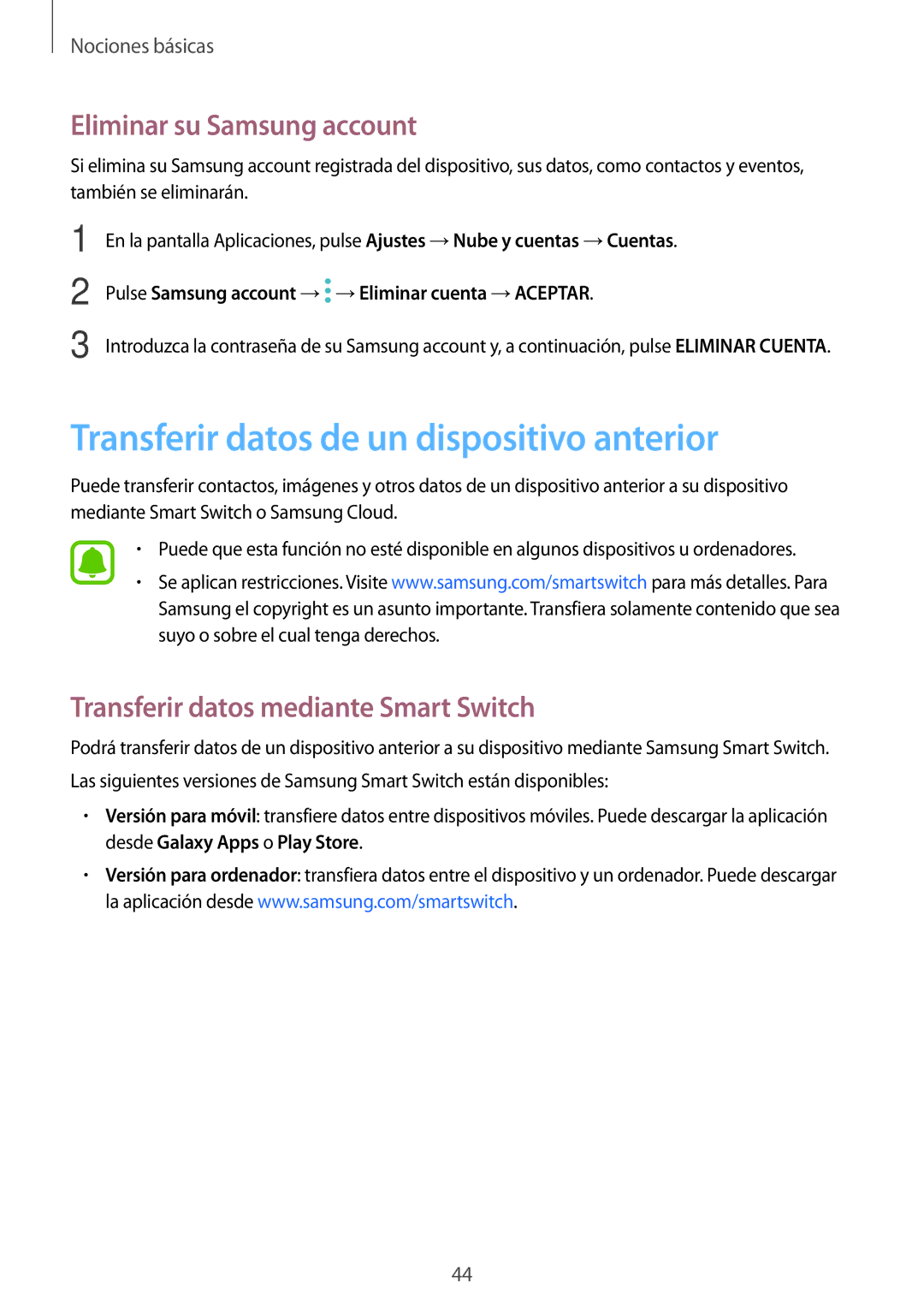 Samsung SM-J330FZKDPHE, SM-J330FZSDPHE manual Transferir datos de un dispositivo anterior, Eliminar su Samsung account 