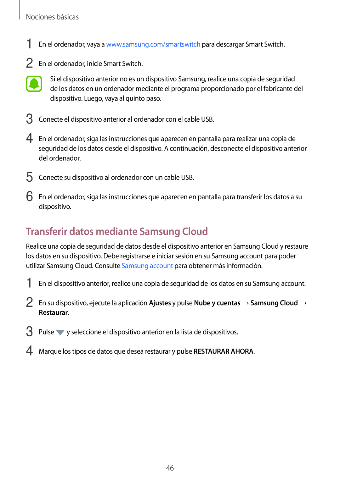 Samsung SM-J330FZKNATL, SM-J330FZKDPHE, SM-J330FZSDPHE, SM-J330FZDDPHE manual Transferir datos mediante Samsung Cloud 