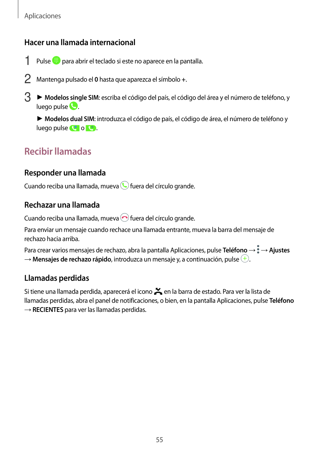 Samsung SM-J330FZDDPHE Recibir llamadas, Hacer una llamada internacional, Responder una llamada, Rechazar una llamada 