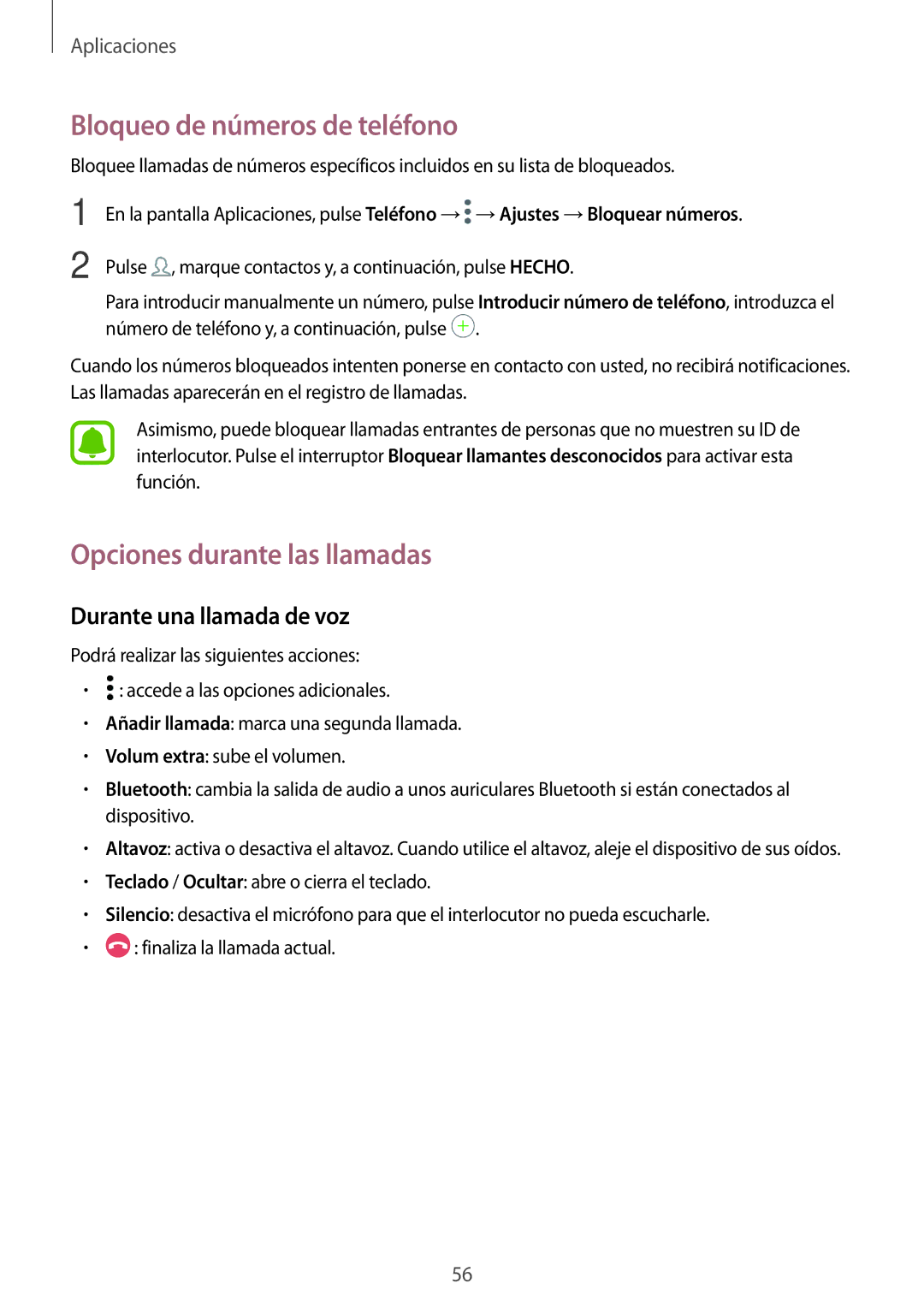 Samsung SM-J330FZKDPHE manual Bloqueo de números de teléfono, Opciones durante las llamadas, Durante una llamada de voz 