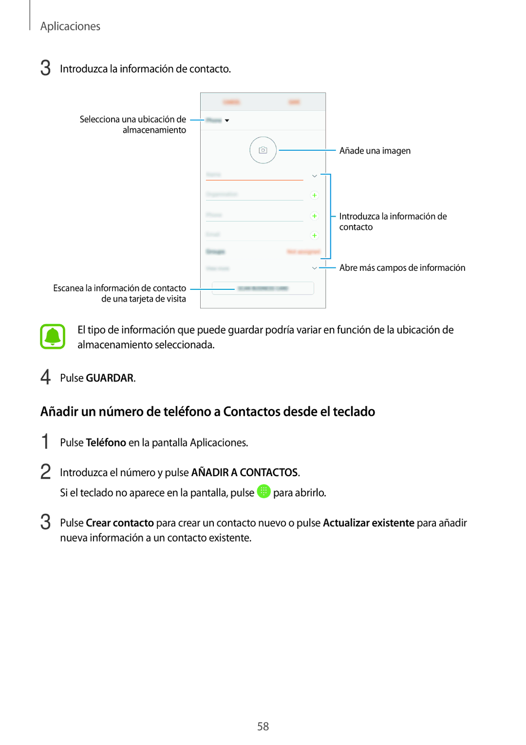 Samsung SM-J330FZKNATL Añadir un número de teléfono a Contactos desde el teclado, Introduzca la información de contacto 