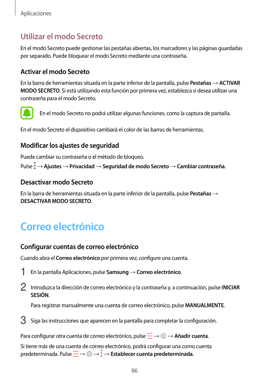 Samsung SM-J330FZKNATL, SM-J330FZKDPHE, SM-J330FZSDPHE, SM-J330FZDDPHE manual Correo electrónico, Utilizar el modo Secreto 