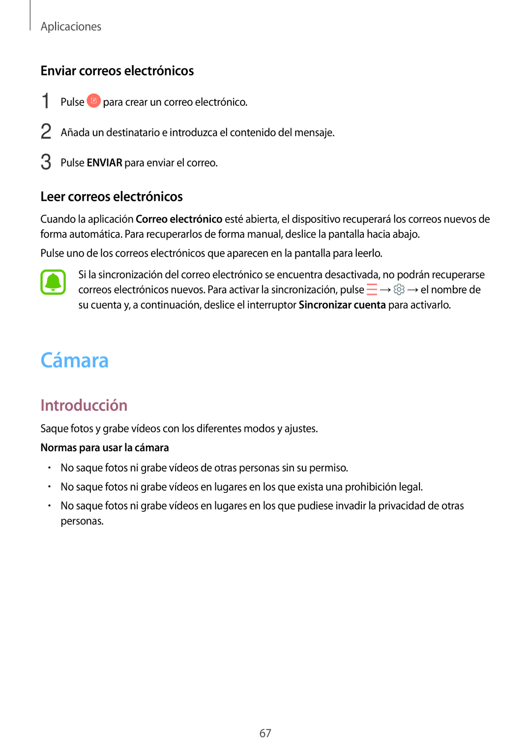 Samsung SM-J330FZDDPHE manual Cámara, Enviar correos electrónicos, Leer correos electrónicos, Normas para usar la cámara 