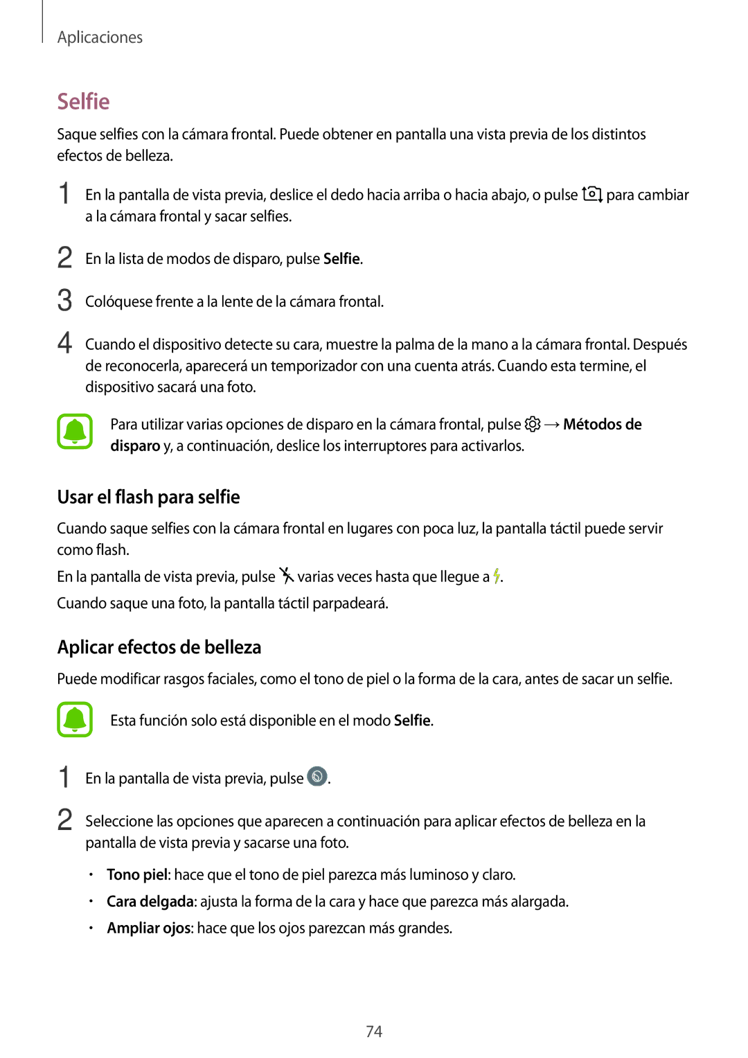 Samsung SM-J330FZKNATL, SM-J330FZKDPHE, SM-J330FZSDPHE manual Selfie, Usar el flash para selfie, Aplicar efectos de belleza 