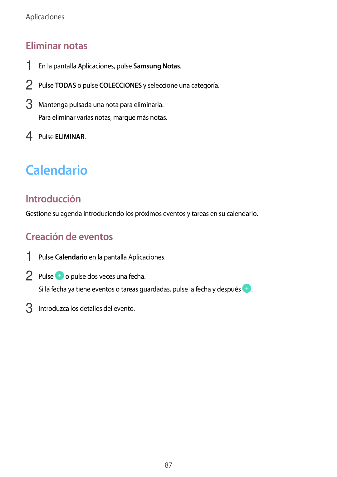 Samsung SM-J330FZDDPHE, SM-J330FZKDPHE, SM-J330FZSDPHE, SM-J330FZKNATL manual Calendario, Eliminar notas, Creación de eventos 