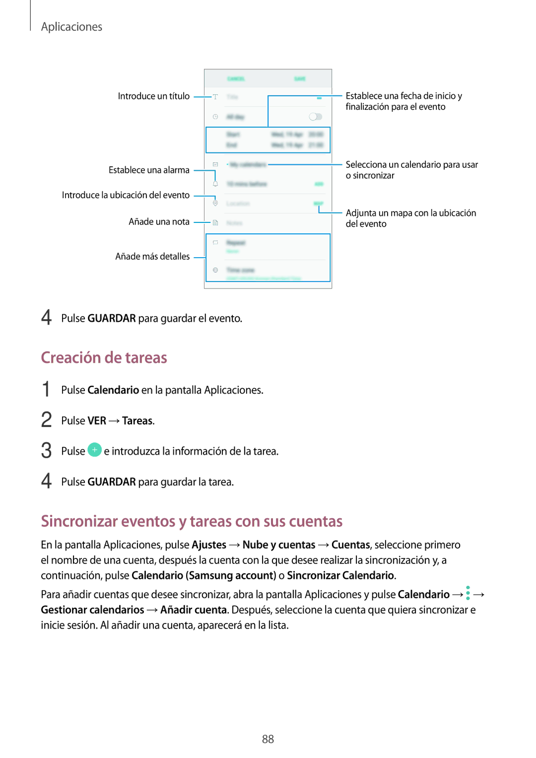 Samsung SM-J330FZKDPHE, SM-J330FZSDPHE Creación de tareas, Sincronizar eventos y tareas con sus cuentas, Pulse VER →Tareas 