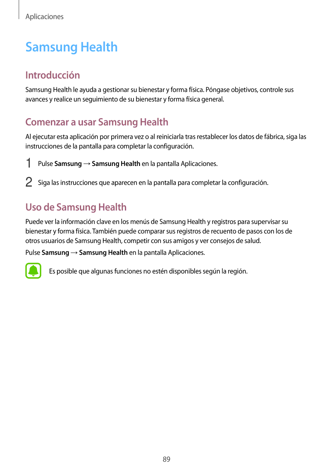 Samsung SM-J330FZSDPHE, SM-J330FZKDPHE, SM-J330FZKNATL manual Comenzar a usar Samsung Health, Uso de Samsung Health 