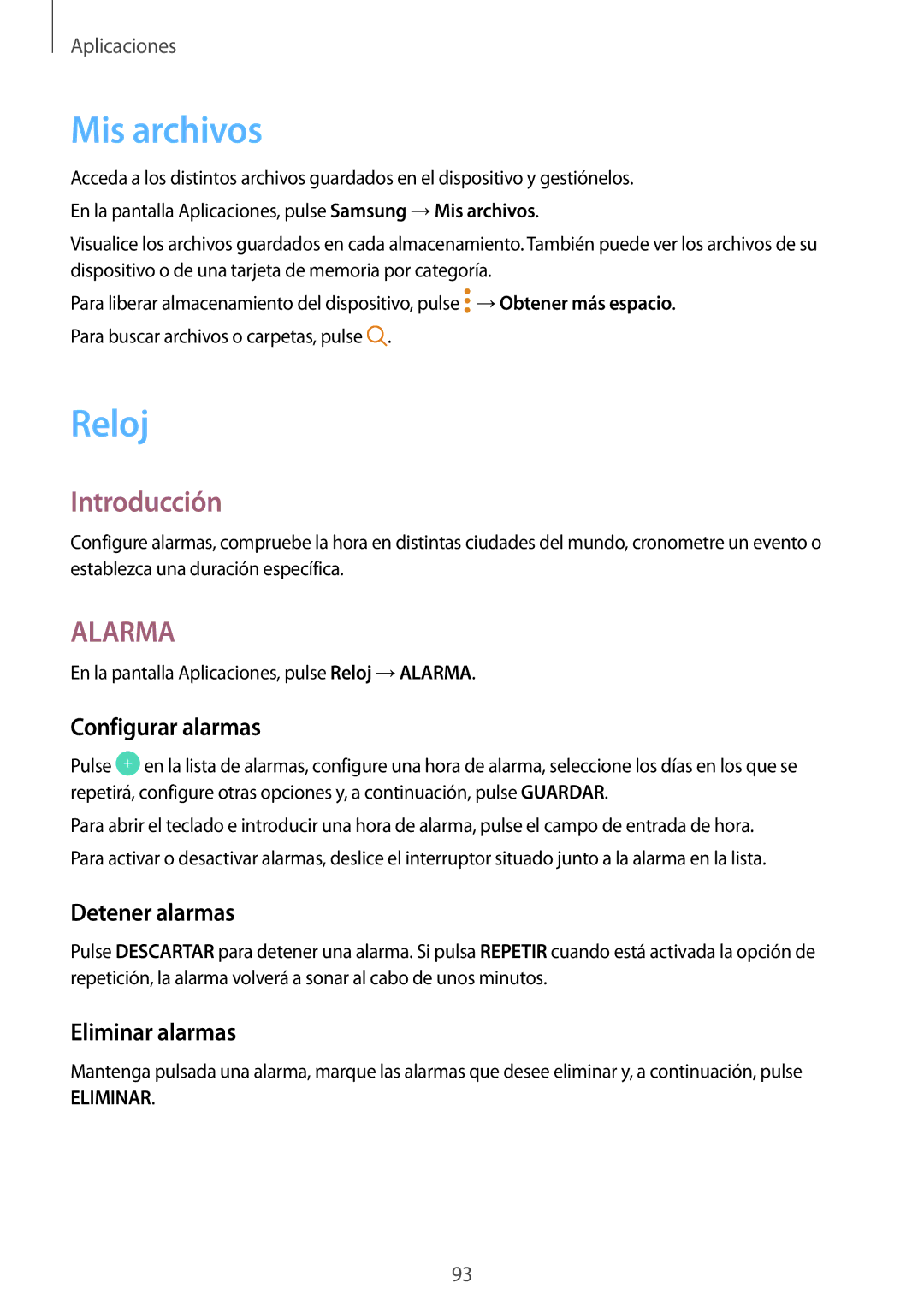Samsung SM-J330FZSDPHE, SM-J330FZKDPHE manual Mis archivos, Reloj, Configurar alarmas, Detener alarmas, Eliminar alarmas 