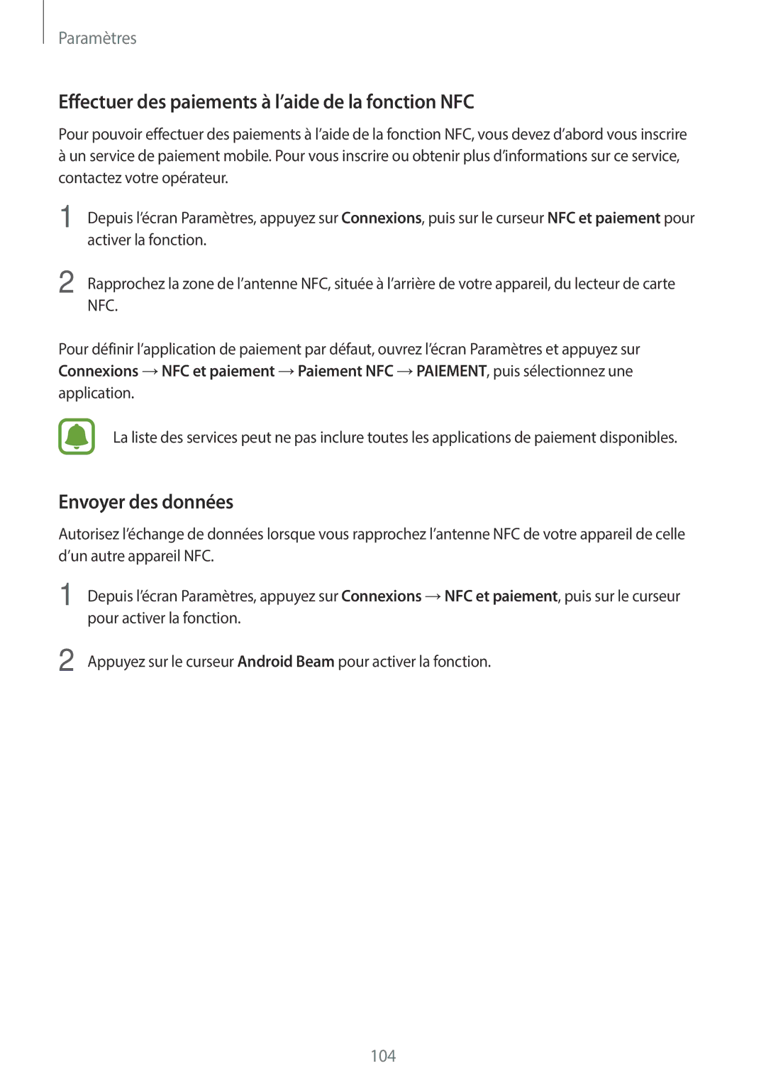Samsung SM-J330FZSNXEF, SM-J330FZKNXEF manual Effectuer des paiements à l’aide de la fonction NFC, Envoyer des données 