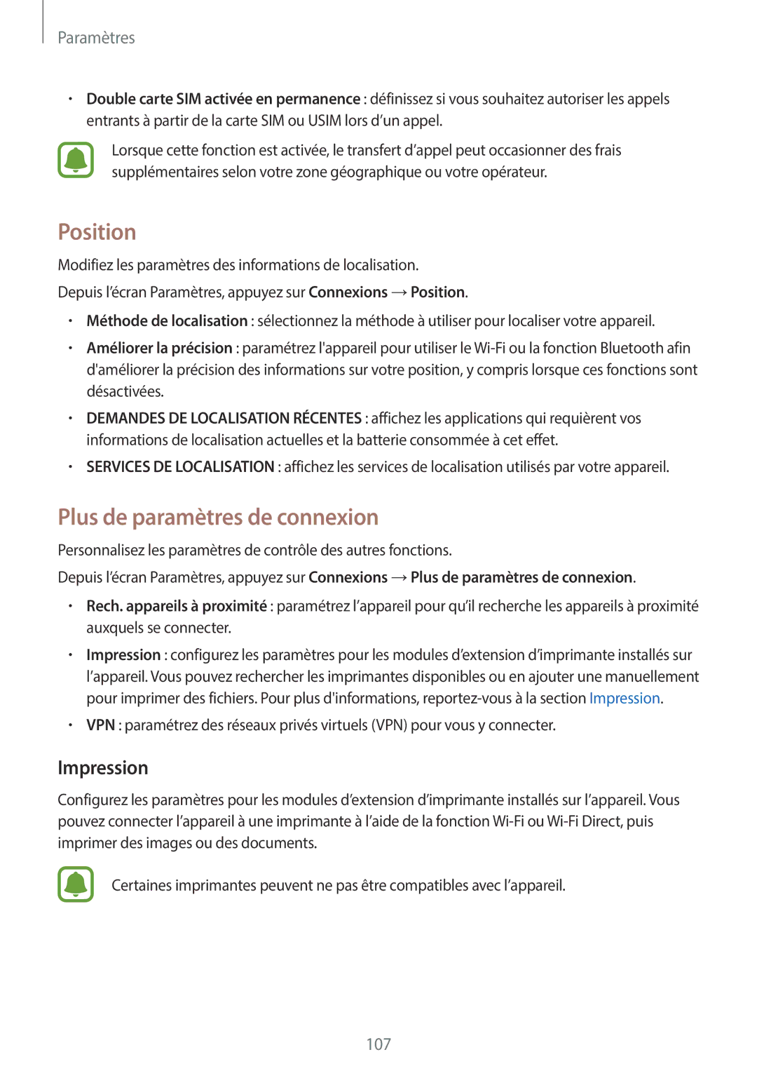 Samsung SM-J330FZSNXEF, SM-J330FZKNXEF, SM-J330FZDNXEF manual Position, Plus de paramètres de connexion, Impression 