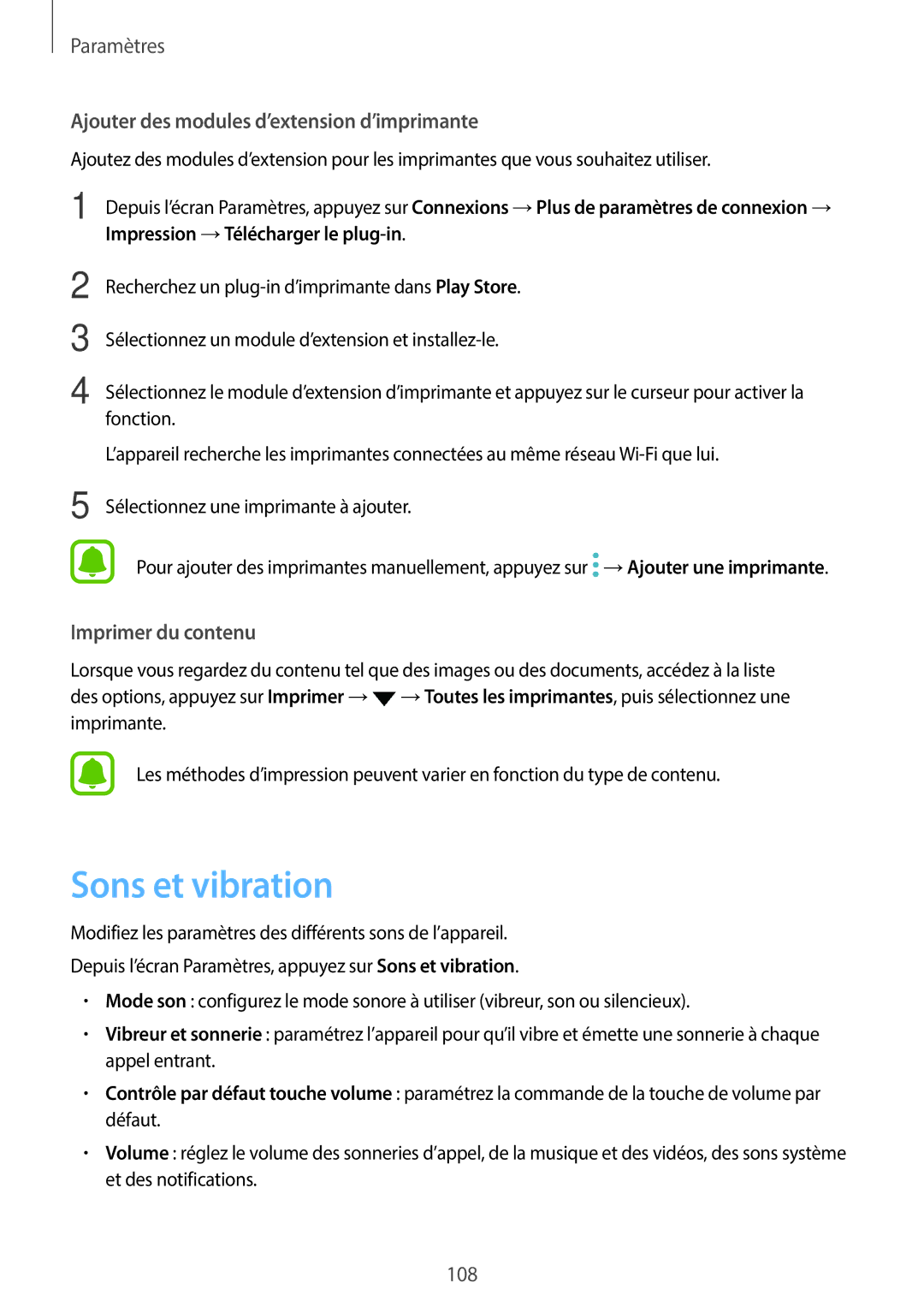 Samsung SM-J330FZKNXEF, SM-J330FZDNXEF, SM-J330FZSNXEF manual Sons et vibration, Ajouter des modules d’extension d’imprimante 