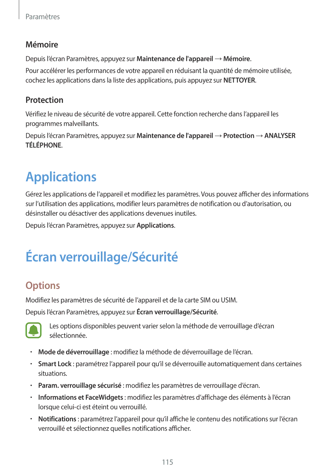 Samsung SM-J330FZDNXEF, SM-J330FZKNXEF, SM-J330FZSNXEF manual Applications, Écran verrouillage/Sécurité, Mémoire, Protection 