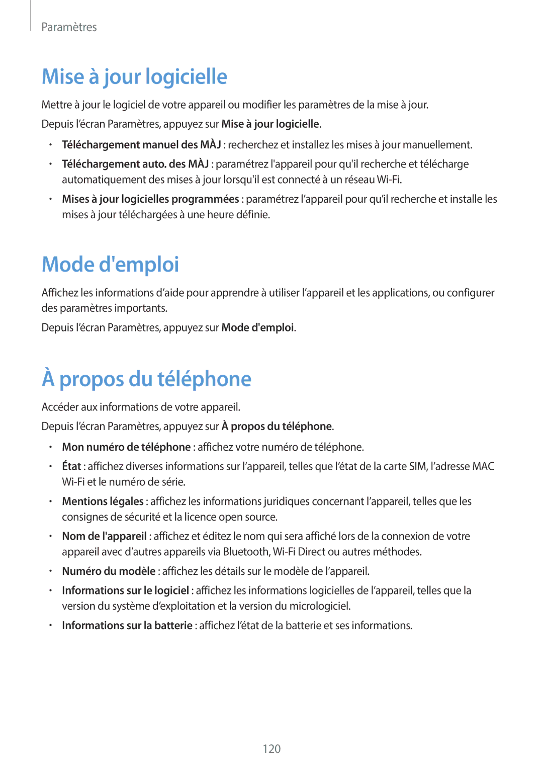 Samsung SM-J330FZKNXEF, SM-J330FZDNXEF, SM-J330FZSNXEF manual Mise à jour logicielle, Mode demploi, Propos du téléphone 