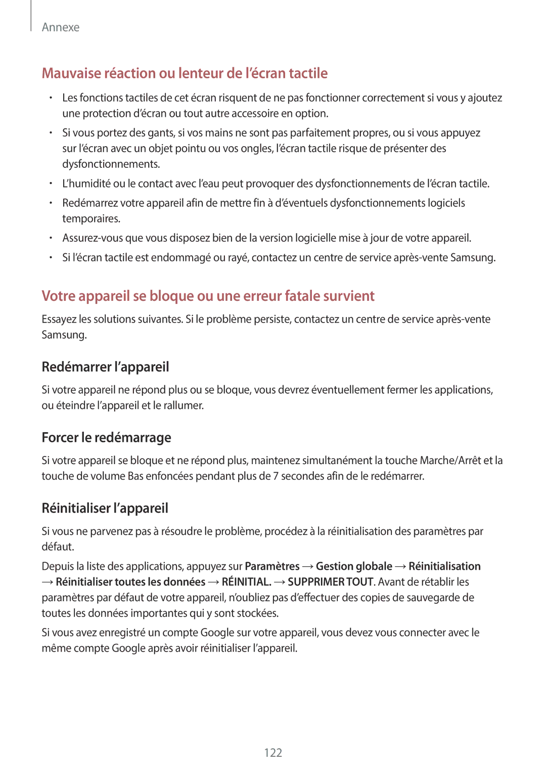 Samsung SM-J330FZSNXEF, SM-J330FZKNXEF, SM-J330FZDNXEF manual Forcer le redémarrage, Réinitialiser l’appareil 