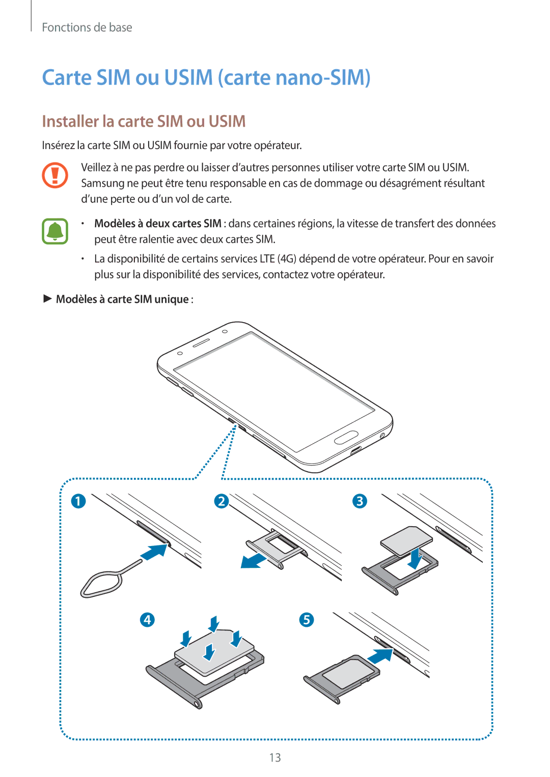 Samsung SM-J330FZDNXEF manual Carte SIM ou Usim carte nano-SIM, Installer la carte SIM ou Usim, Modèles à carte SIM unique 