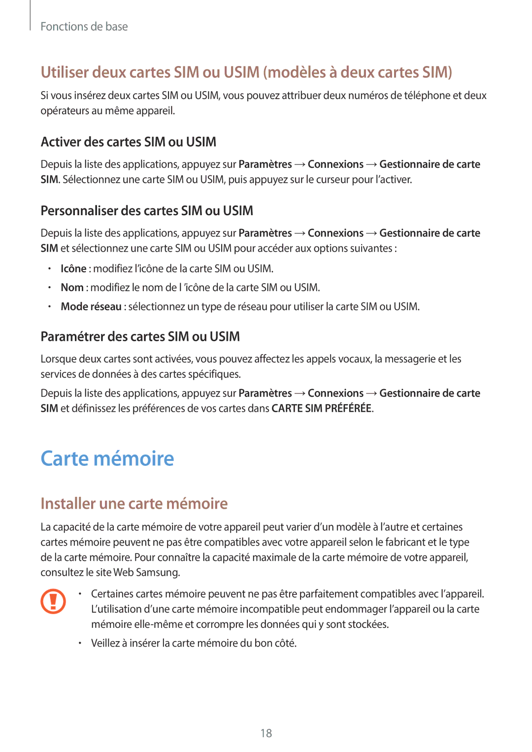 Samsung SM-J330FZKNXEF, SM-J330FZDNXEF manual Carte mémoire, Utiliser deux cartes SIM ou Usim modèles à deux cartes SIM 