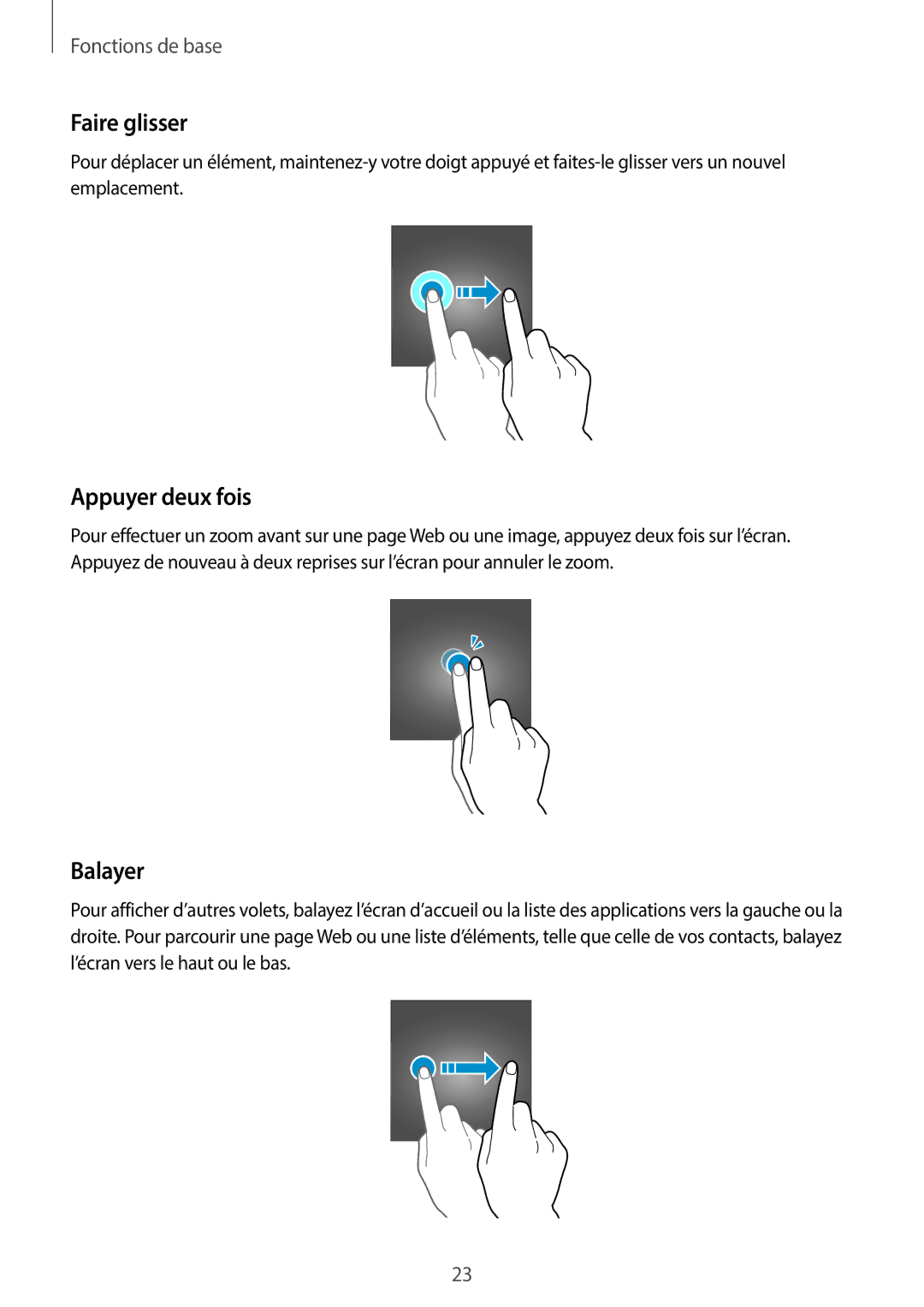 Samsung SM-J330FZSNXEF, SM-J330FZKNXEF, SM-J330FZDNXEF manual Faire glisser, Appuyer deux fois, Balayer 