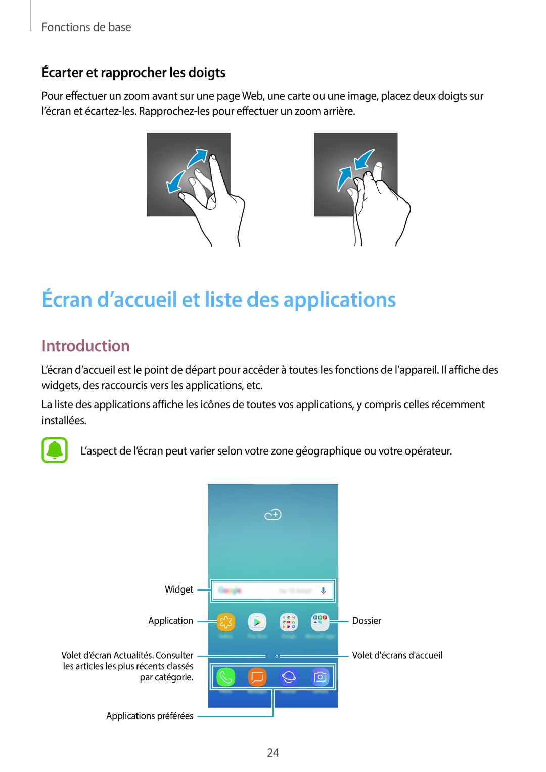 Samsung SM-J330FZKNXEF manual Écran d’accueil et liste des applications, Introduction, Écarter et rapprocher les doigts 