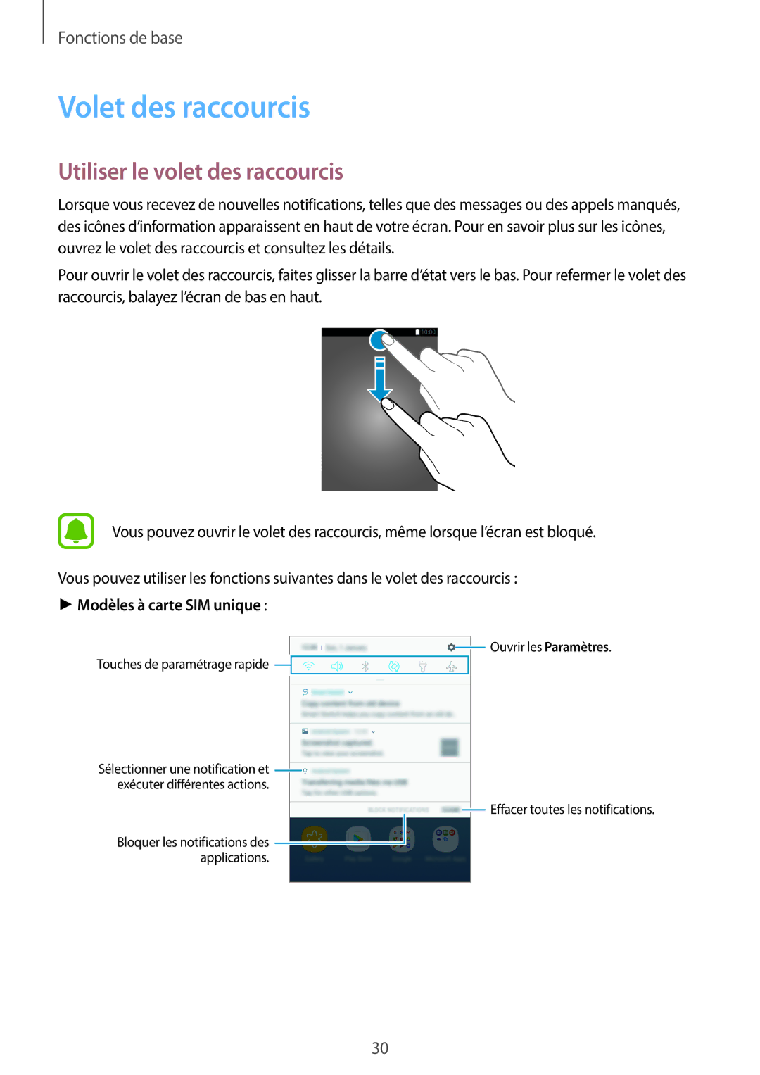 Samsung SM-J330FZKNXEF, SM-J330FZDNXEF, SM-J330FZSNXEF manual Volet des raccourcis, Utiliser le volet des raccourcis 