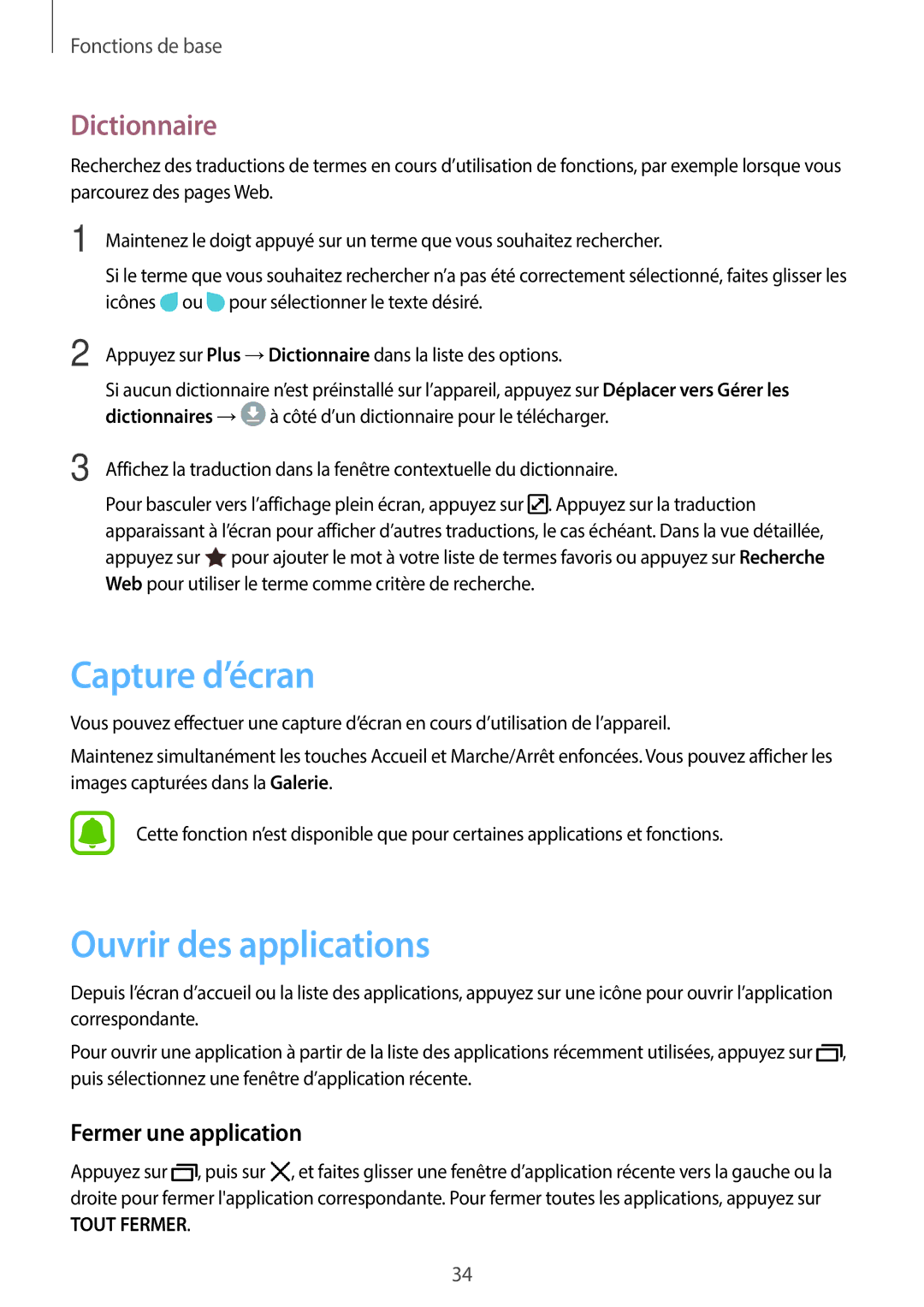 Samsung SM-J330FZDNXEF, SM-J330FZKNXEF manual Capture d’écran, Ouvrir des applications, Dictionnaire, Fermer une application 