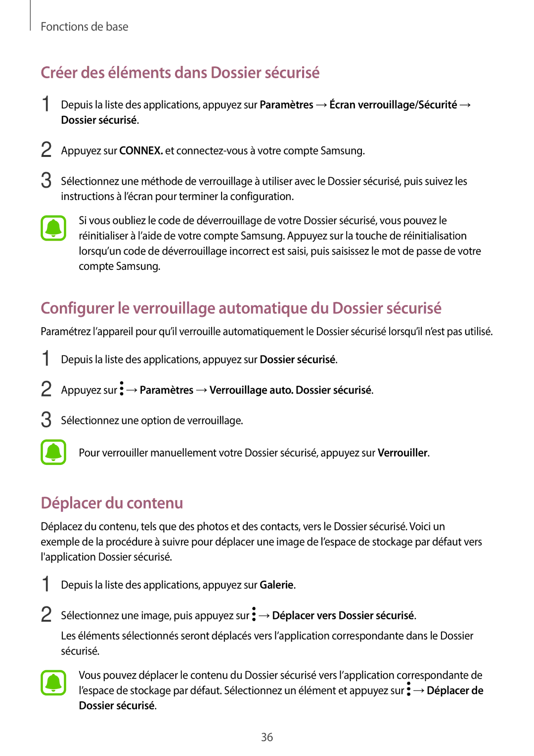 Samsung SM-J330FZKNXEF, SM-J330FZDNXEF, SM-J330FZSNXEF manual Créer des éléments dans Dossier sécurisé, Déplacer du contenu 