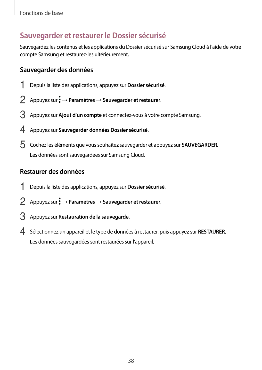 Samsung SM-J330FZSNXEF manual Sauvegarder et restaurer le Dossier sécurisé, Sauvegarder des données, Restaurer des données 