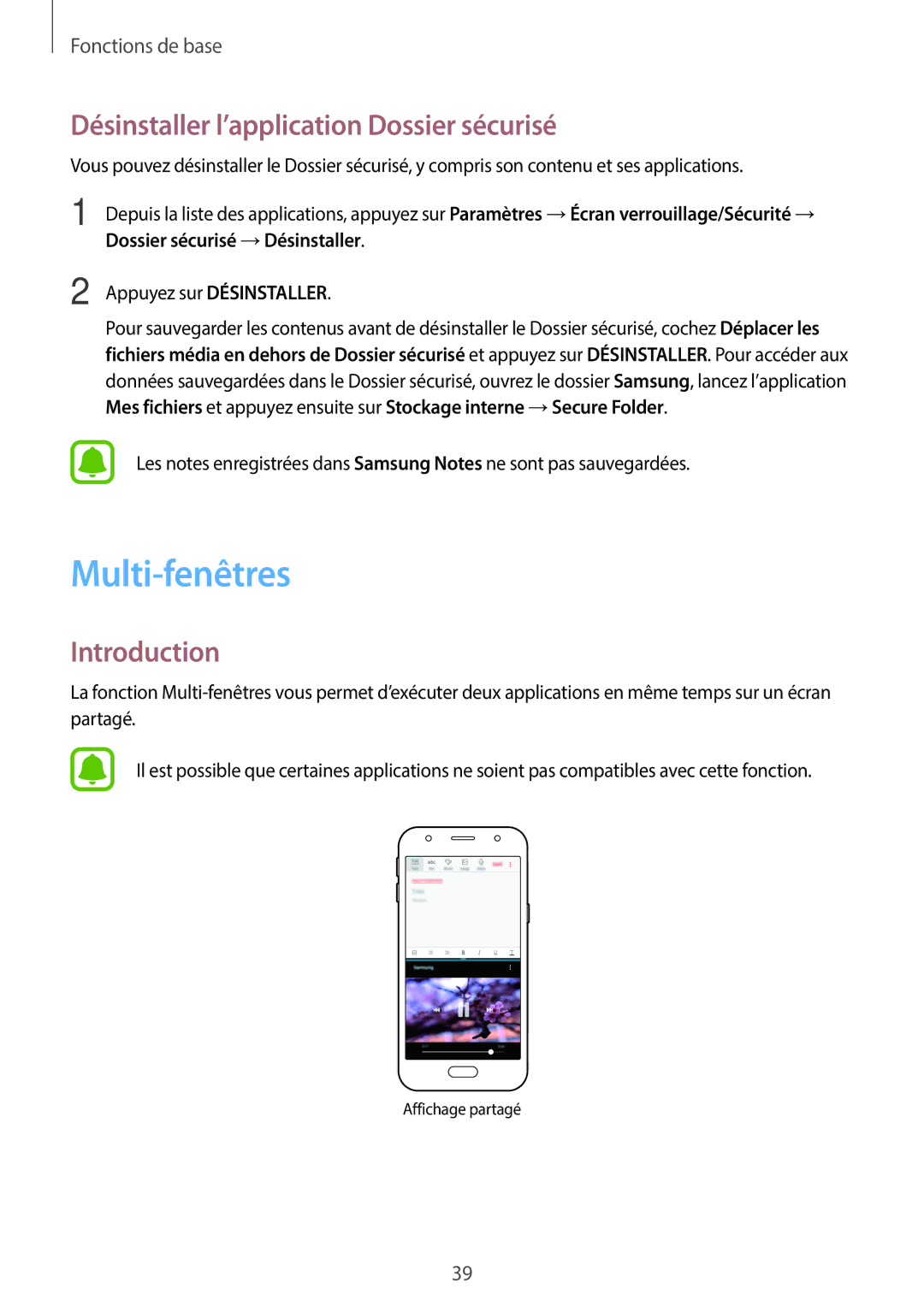 Samsung SM-J330FZKNXEF, SM-J330FZDNXEF, SM-J330FZSNXEF manual Multi-fenêtres, Désinstaller l’application Dossier sécurisé 