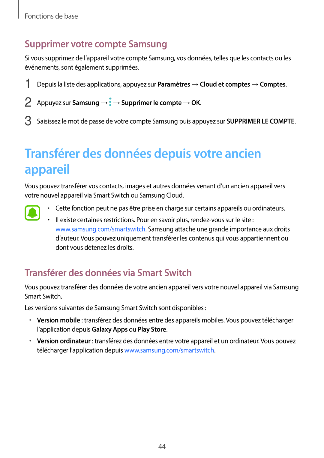 Samsung SM-J330FZSNXEF, SM-J330FZKNXEF Transférer des données depuis votre ancien appareil, Supprimer votre compte Samsung 