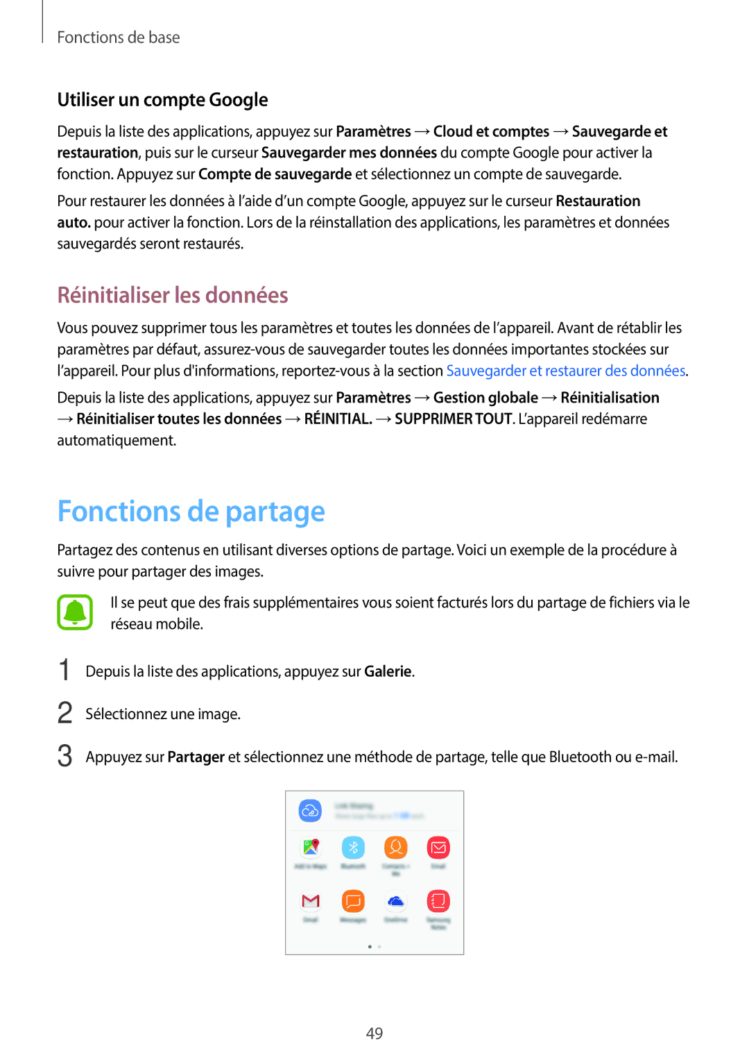 Samsung SM-J330FZDNXEF, SM-J330FZKNXEF manual Fonctions de partage, Réinitialiser les données, Utiliser un compte Google 