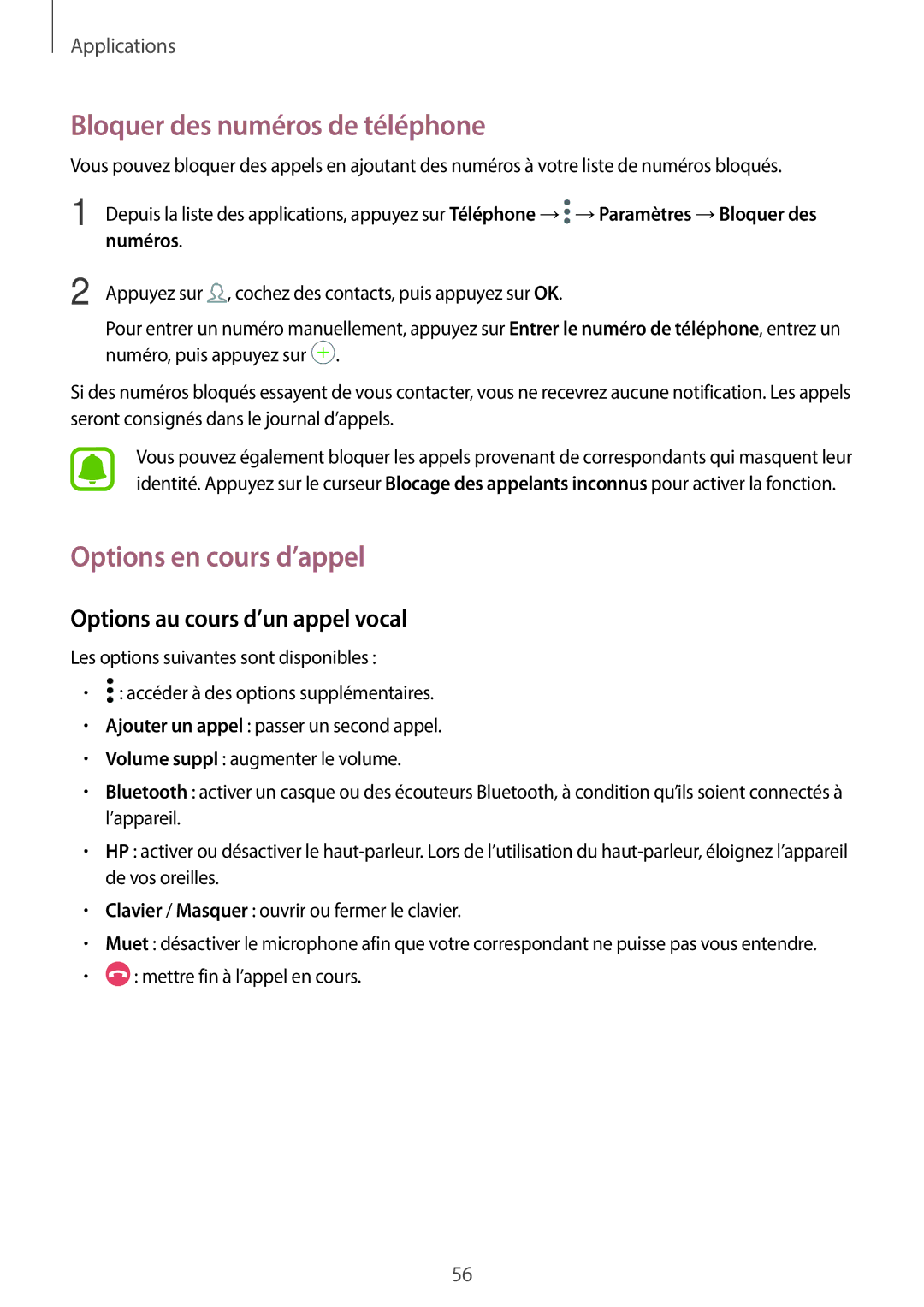 Samsung SM-J330FZSNXEF manual Bloquer des numéros de téléphone, Options en cours d’appel, Options au cours d’un appel vocal 