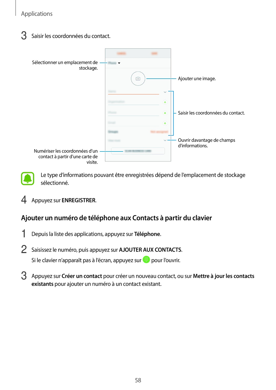 Samsung SM-J330FZDNXEF, SM-J330FZKNXEF, SM-J330FZSNXEF manual Saisir les coordonnées du contact 