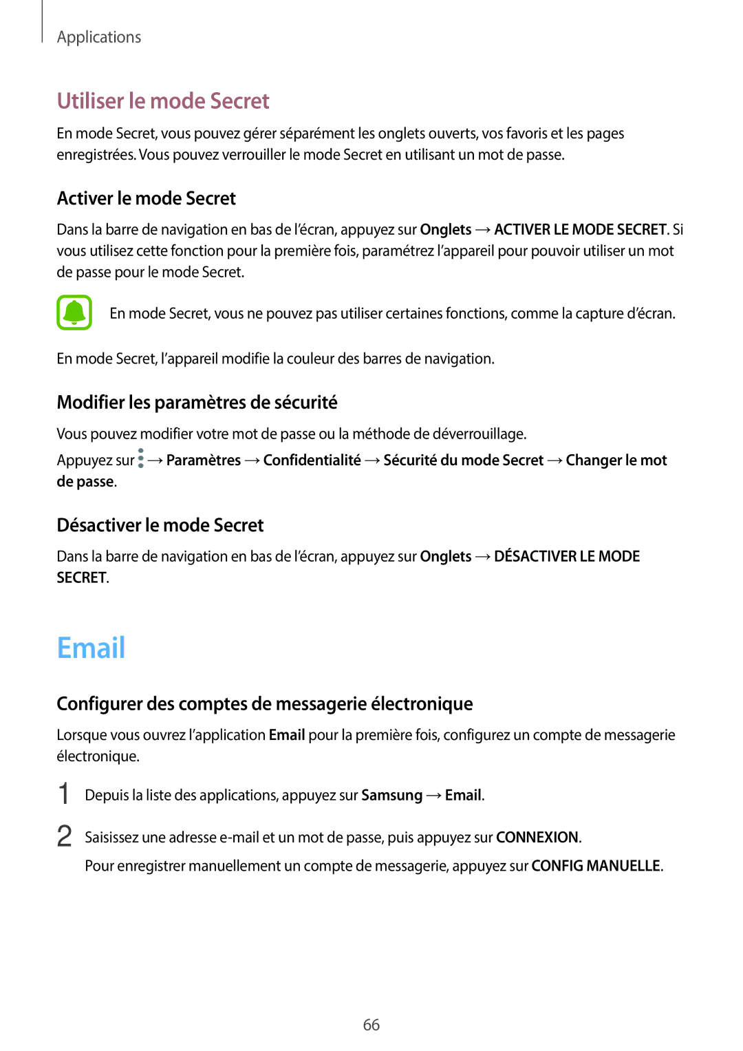 Samsung SM-J330FZKNXEF manual Utiliser le mode Secret, Activer le mode Secret, Modifier les paramètres de sécurité 