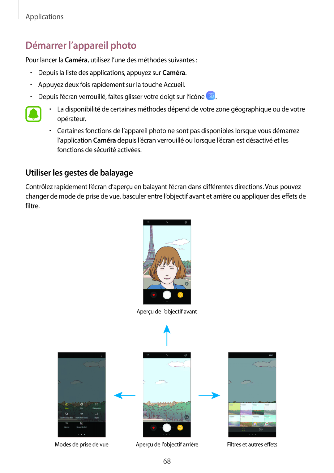 Samsung SM-J330FZSNXEF, SM-J330FZKNXEF, SM-J330FZDNXEF manual Démarrer l’appareil photo, Utiliser les gestes de balayage 