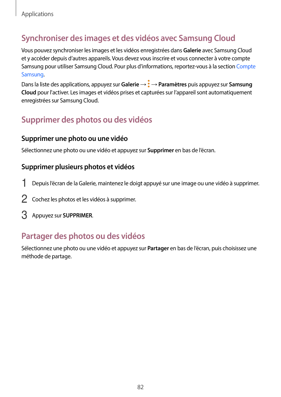 Samsung SM-J330FZDNXEF manual Synchroniser des images et des vidéos avec Samsung Cloud, Supprimer des photos ou des vidéos 