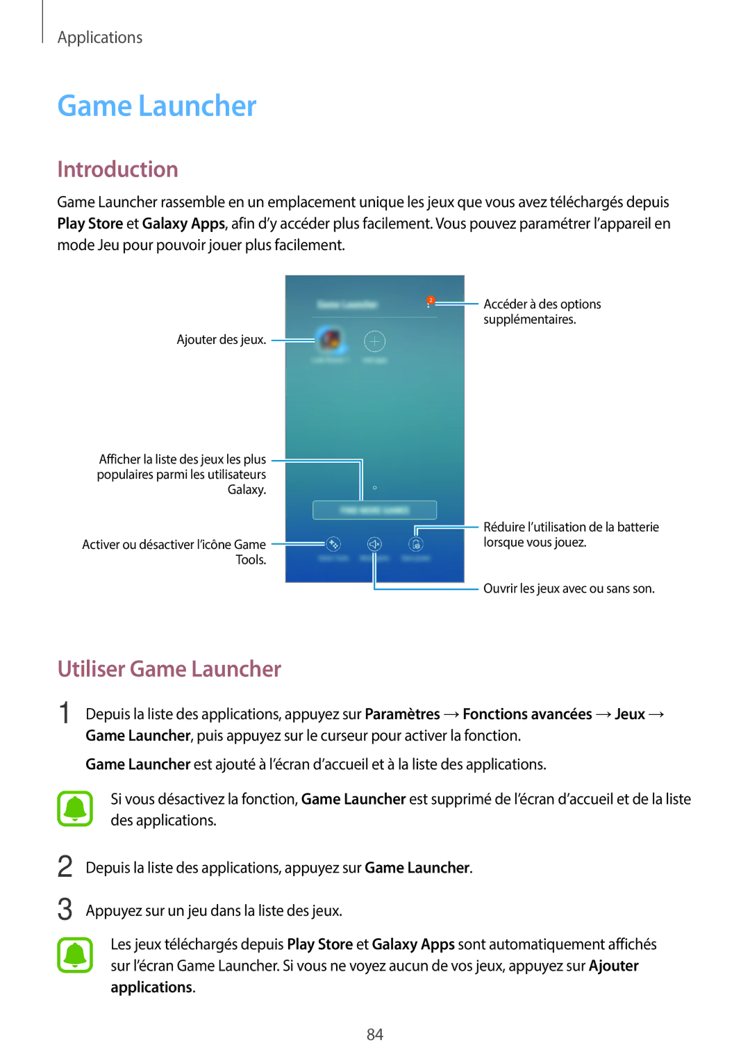 Samsung SM-J330FZKNXEF, SM-J330FZDNXEF, SM-J330FZSNXEF manual Utiliser Game Launcher 