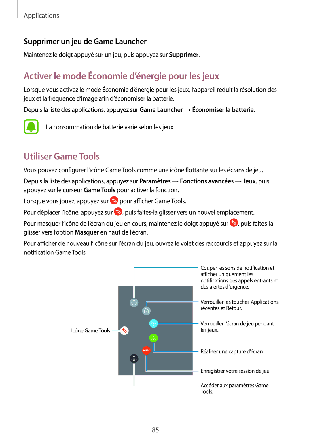 Samsung SM-J330FZDNXEF, SM-J330FZKNXEF manual Activer le mode Économie d’énergie pour les jeux, Utiliser Game Tools 