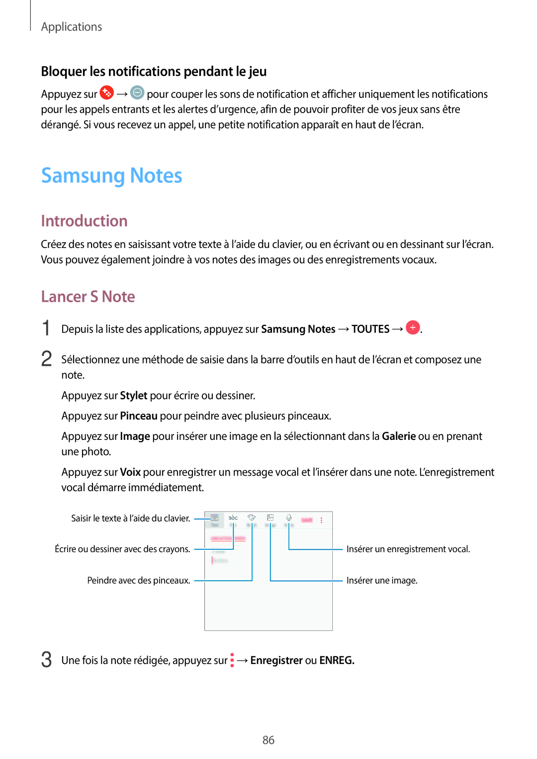 Samsung SM-J330FZSNXEF, SM-J330FZKNXEF manual Samsung Notes, Lancer S Note, Bloquer les notifications pendant le jeu 