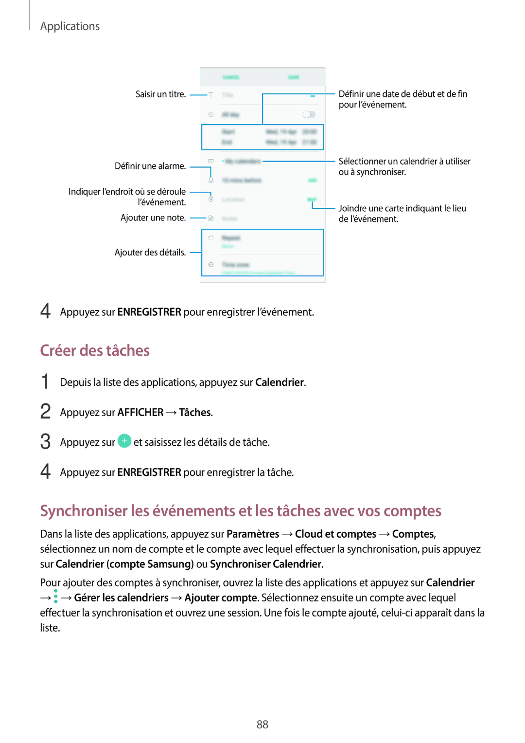 Samsung SM-J330FZDNXEF, SM-J330FZKNXEF manual Créer des tâches, Synchroniser les événements et les tâches avec vos comptes 