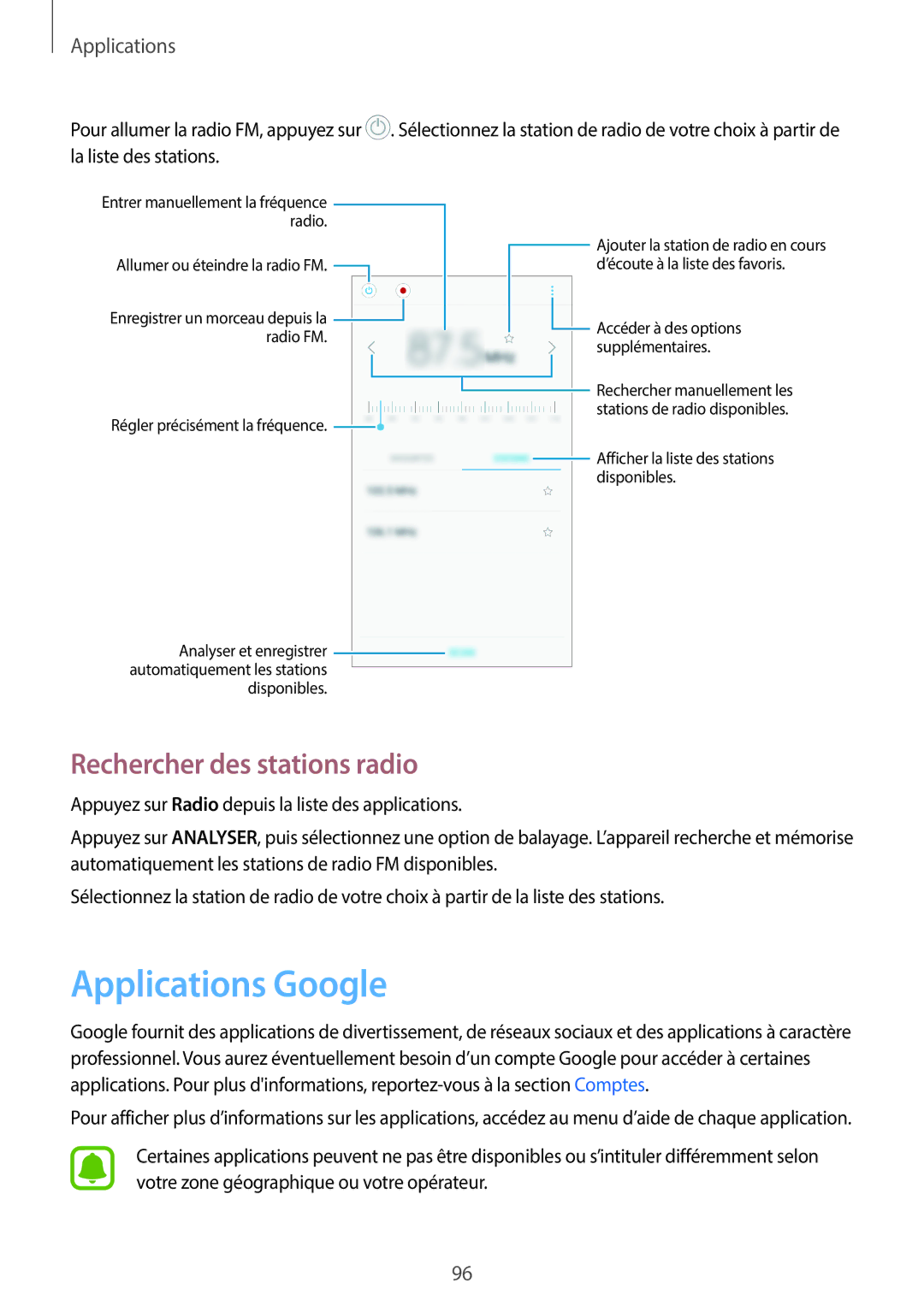 Samsung SM-J330FZKNXEF, SM-J330FZDNXEF, SM-J330FZSNXEF manual Applications Google, Rechercher des stations radio 