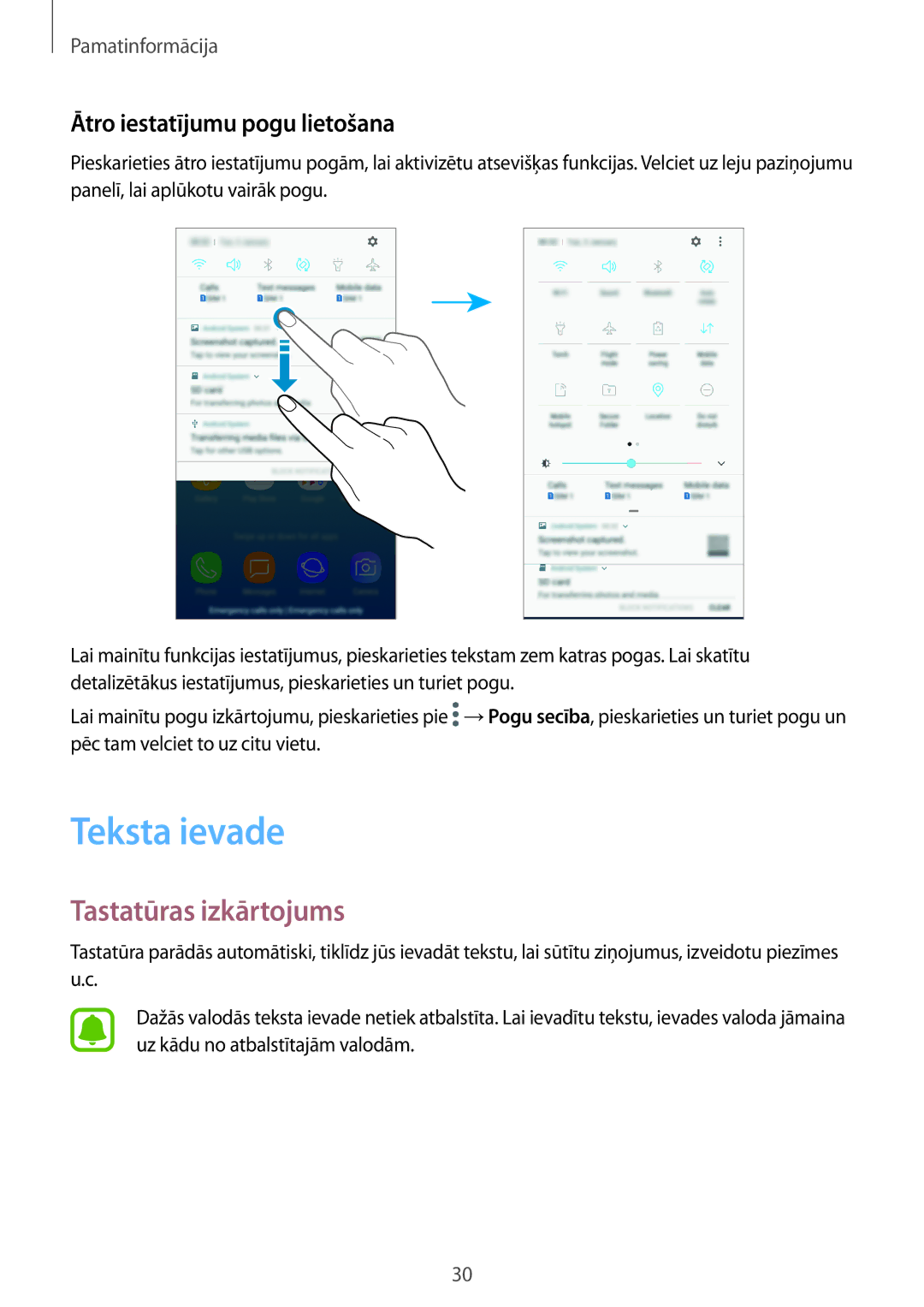 Samsung SM-J330FZSDSEB, SM-J330FZDDSEB manual Teksta ievade, Tastatūras izkārtojums, Ātro iestatījumu pogu lietošana 